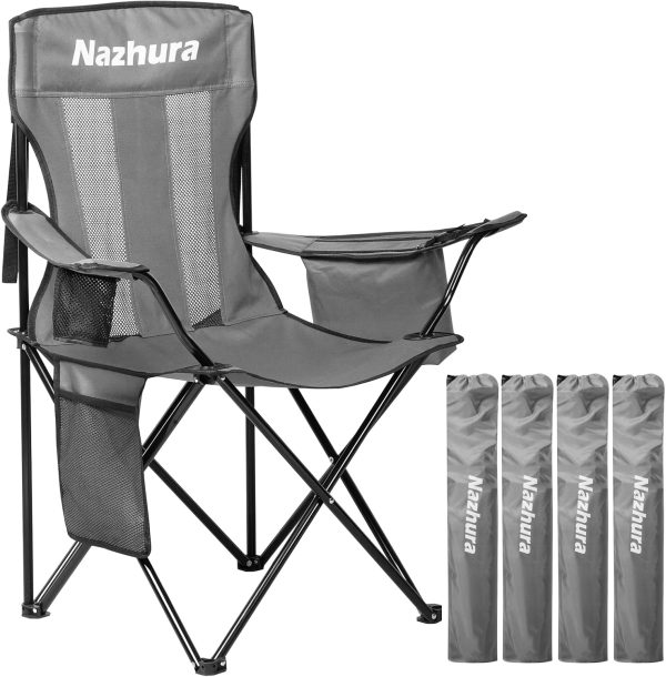 Outdoor Camping Chair Nazhura 4 Pack Grey Foldable with Cooler Pouch-0